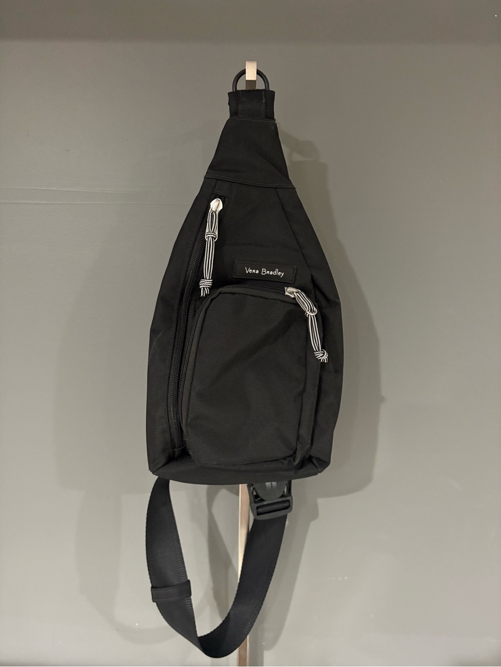 Vera Bradley Black Nylon Sling Bag with White-Trim Zippers